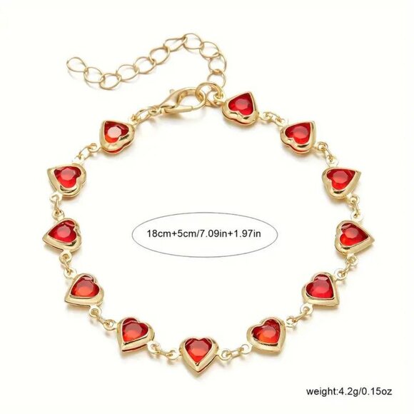 Heart Charm Bracelet Gold Tone Chain Adjustable To 9 Inches Red New - Picture 8 of 10